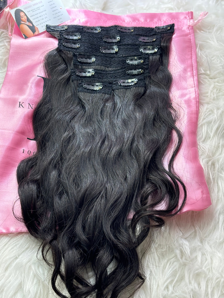 Raw Indian Clip-In Extensions – Wavy Texture, Virgin Hair, Blends Easily with Natural Hair
